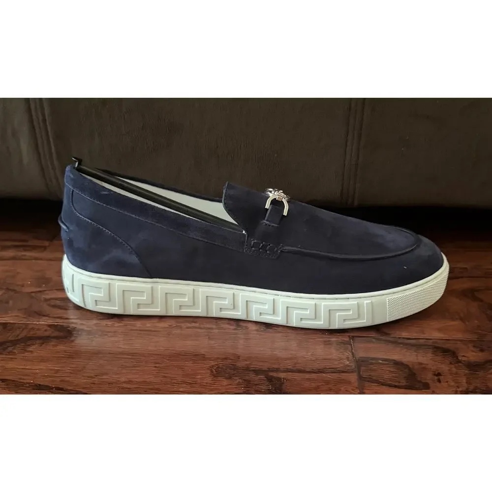 $925 NIB Versace Medusa 95 Greca Suede Loafers Navy Men's EU 46 US 13